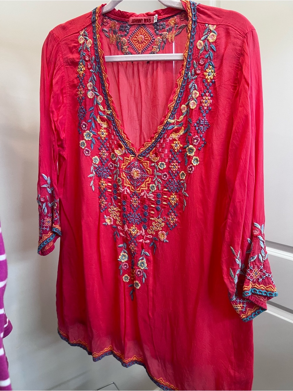 Johnny Was Pink Embroidered V-Neck Tunic